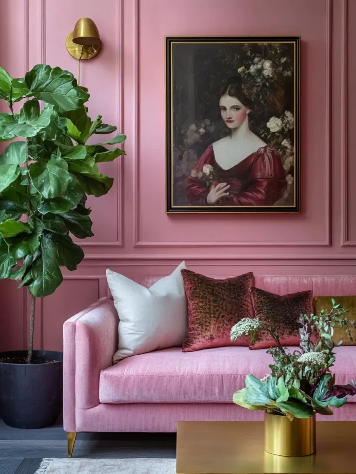 pink-living-room-with-indoor-plants